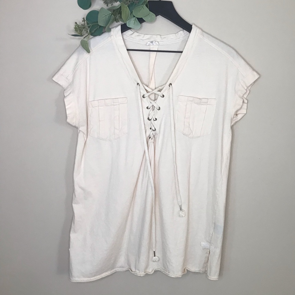 POL criss cross tie cream short sleeve top size L
